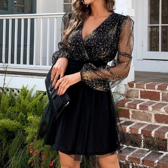 Glitter Mesh Sleeve Surplice Mini Dress - Picture 5 of 6